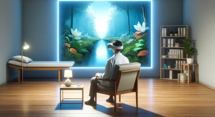 Virtual reality therapy session in a peaceful, therapeutic environment, conveying hope and the transformative potential of VR in mental health care. You can view and use the image above.